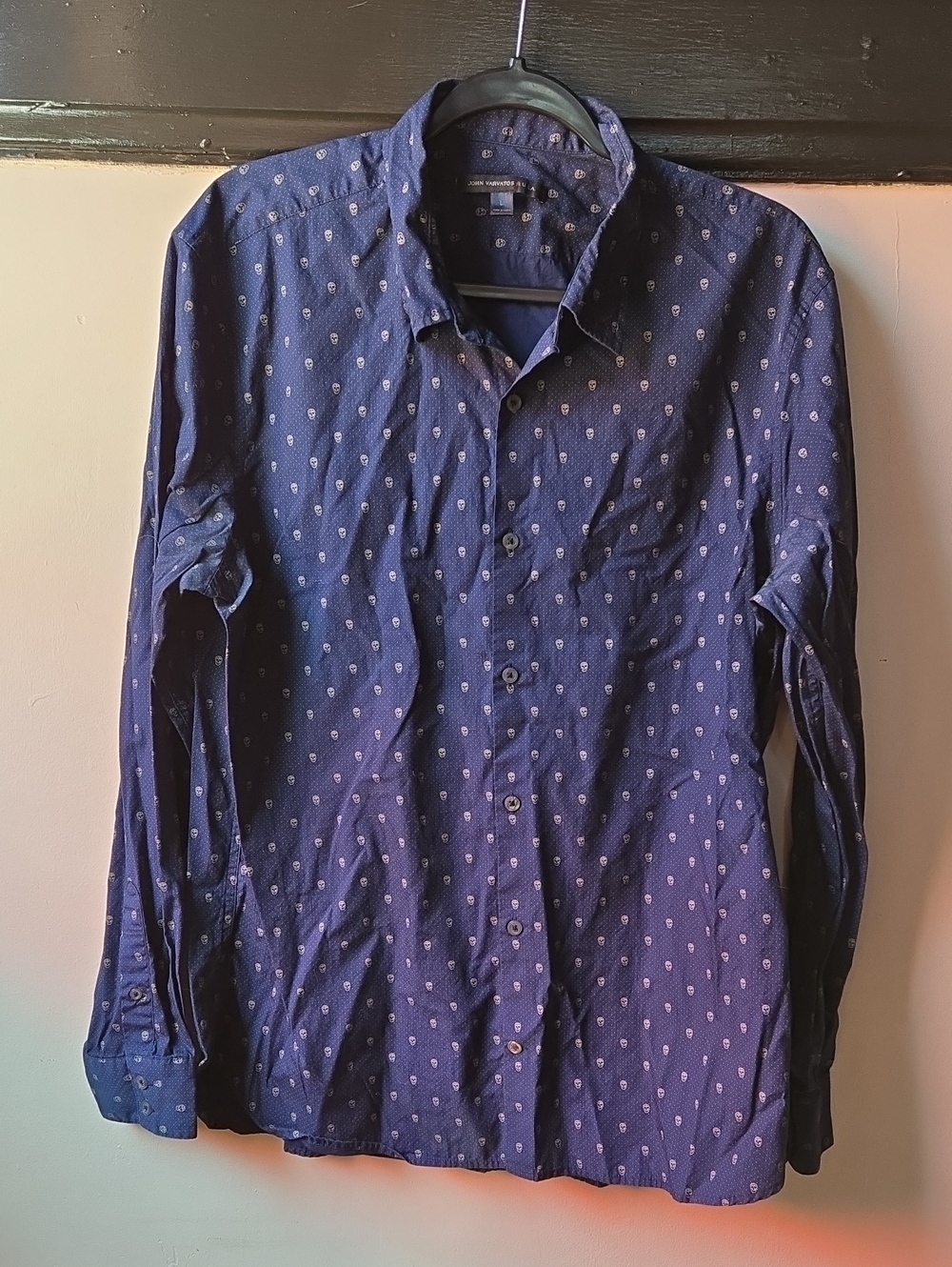 JOHN VARVATOS - Men's L Navy Blue Button-Up Dress Shirt with Micro Skull Print
